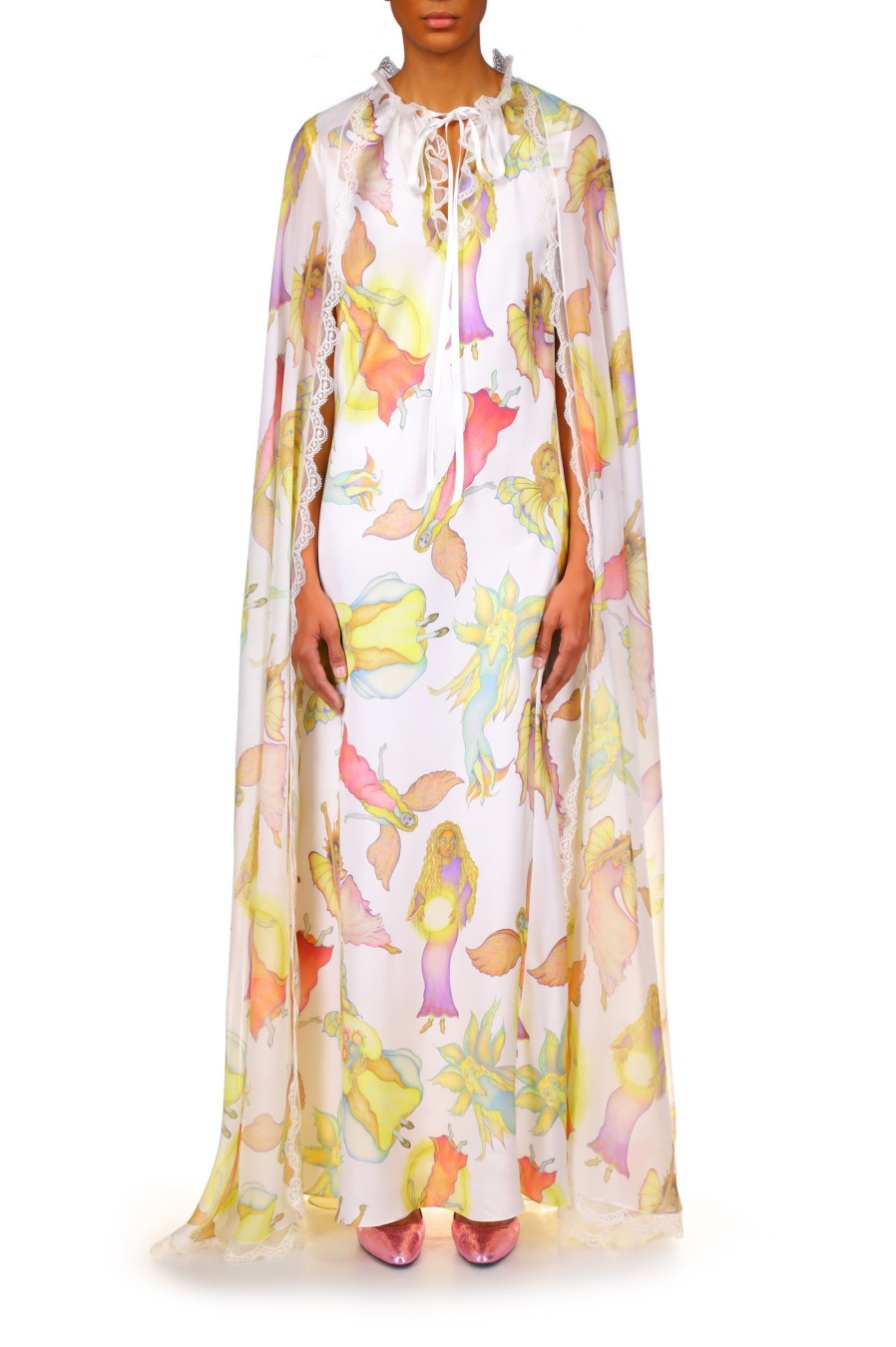 Online Off White Fairy Printed Silk Chiffon And Charmeuse Cape Dress Dresses