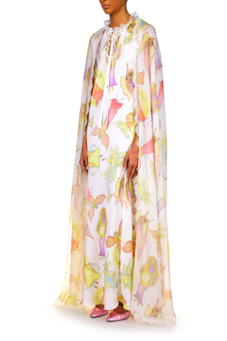 Online Off White Fairy Printed Silk Chiffon And Charmeuse Cape Dress Dresses