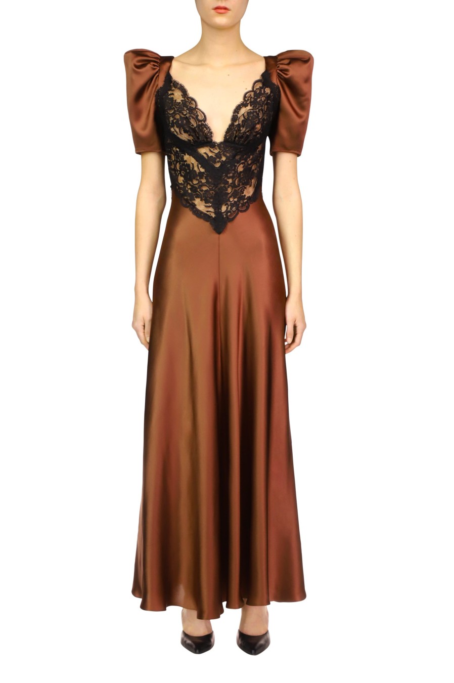 Wholesale Brown Silk Satin Short Sleeve Dress With Black Lace Details Dresses