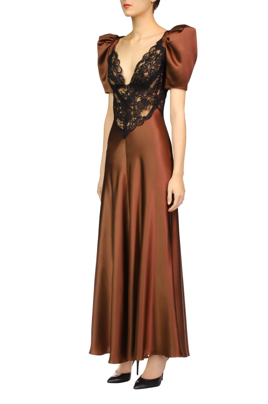 Wholesale Brown Silk Satin Short Sleeve Dress With Black Lace Details Dresses