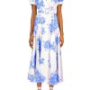 Hot White And Blue Floral Printed Silk Twill Collared Dress With Belt Dresses