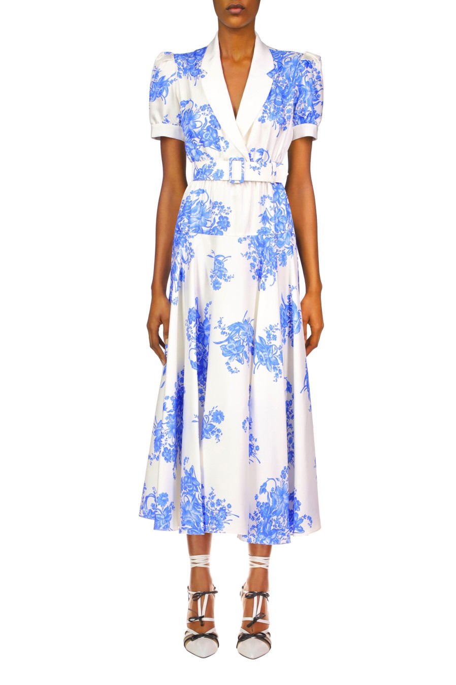 Hot White And Blue Floral Printed Silk Twill Collared Dress With Belt Dresses