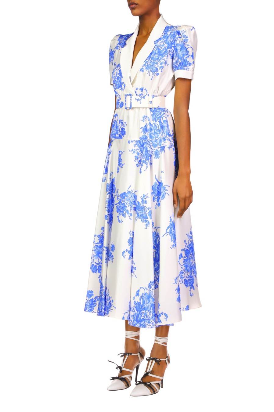 Hot White And Blue Floral Printed Silk Twill Collared Dress With Belt Dresses