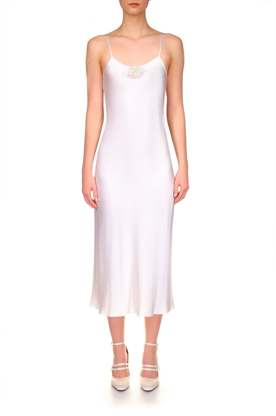 Hot Off White Silk Satin Bias Slip With Silk Flower Dresses