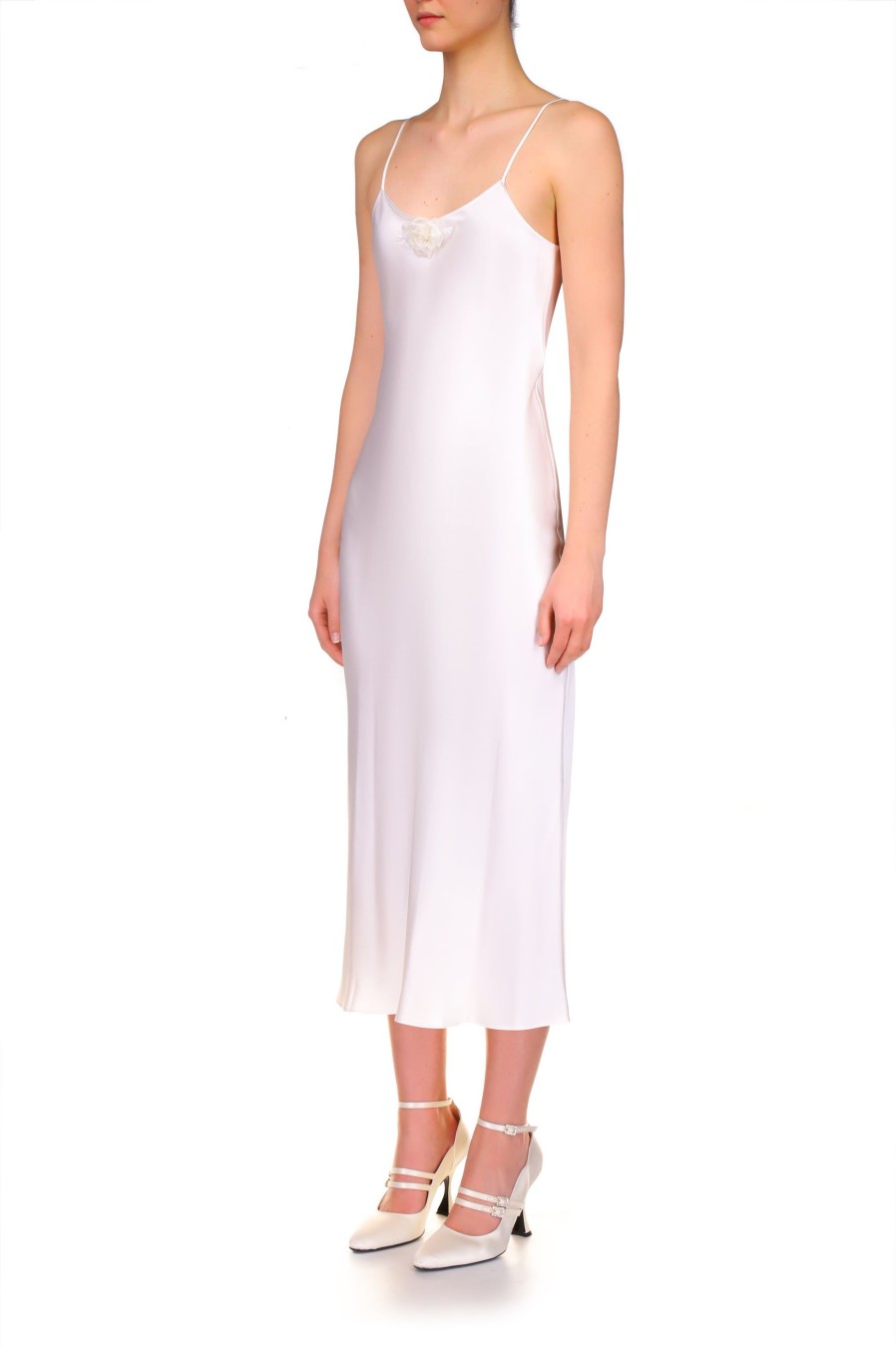 Hot Off White Silk Satin Bias Slip With Silk Flower Dresses