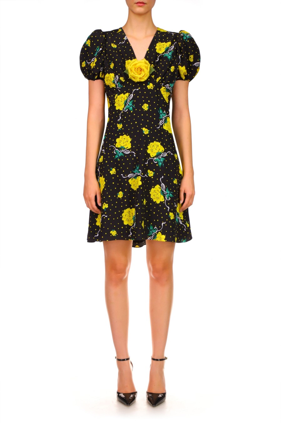 Best Yellow Rose Printed Silk Short Sleeve Mini Dress With Silk Flower Dresses