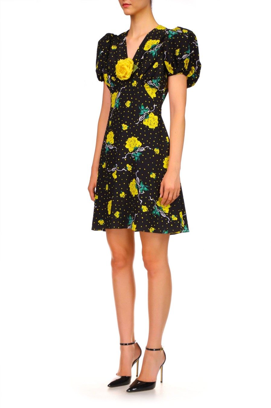 Best Yellow Rose Printed Silk Short Sleeve Mini Dress With Silk Flower Dresses