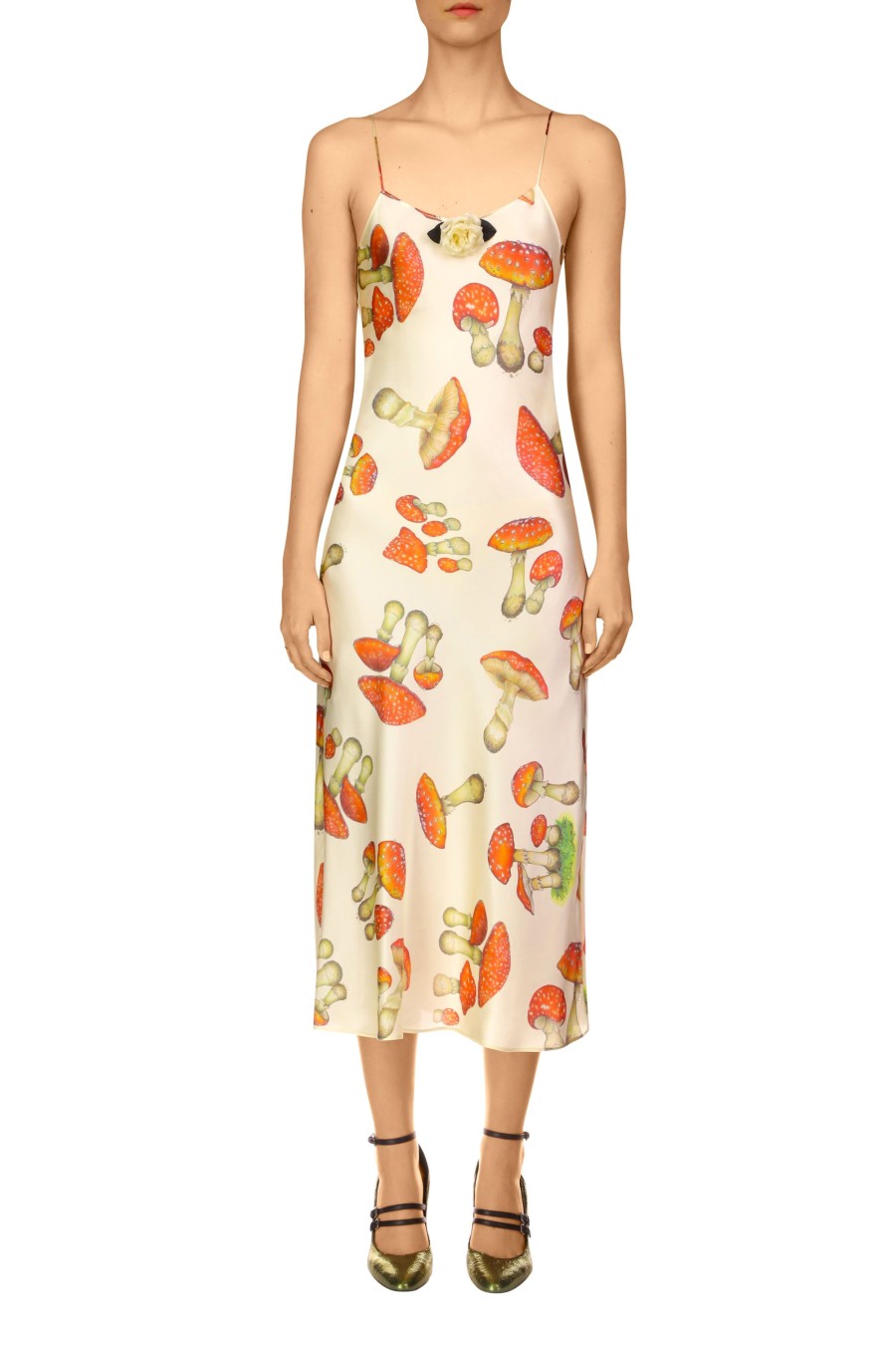 Hot Cream Mushroom Printed Silk Satin Slip Dress Dresses