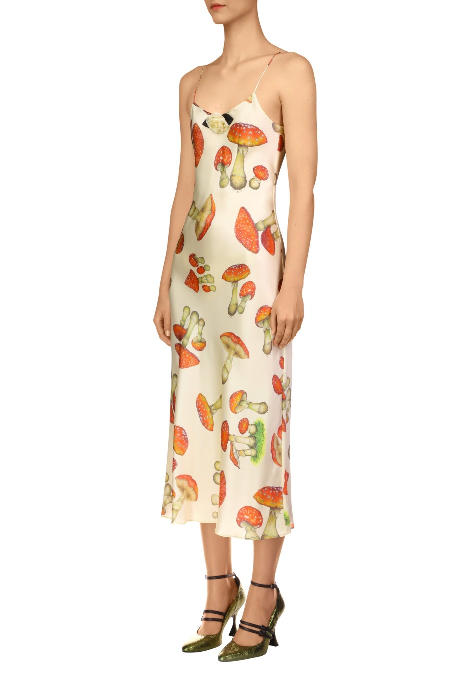 Hot Cream Mushroom Printed Silk Satin Slip Dress Dresses