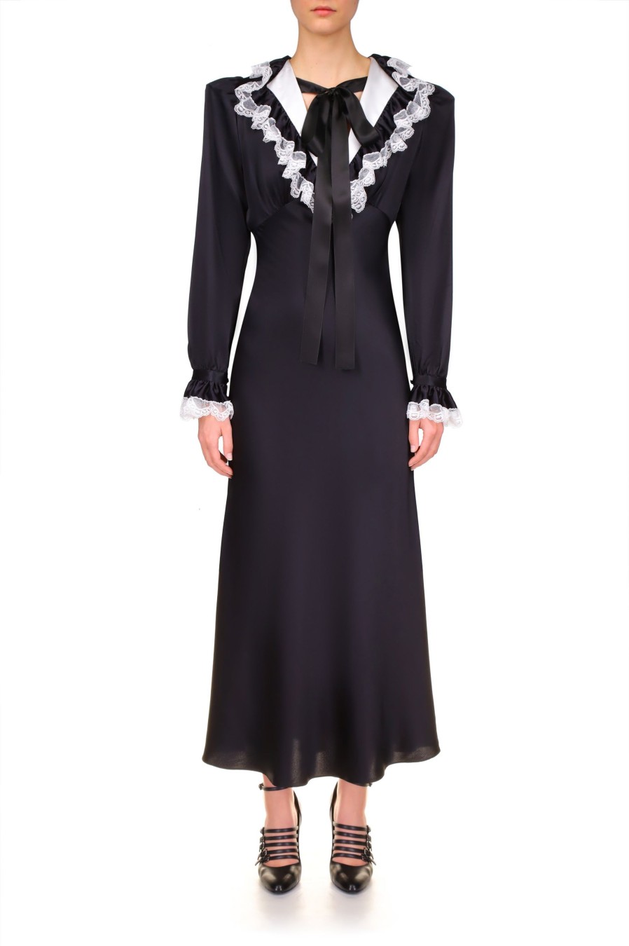 Wholesale Black Silk Long Sleeve Dress With Off White Collar And Lace Trim Dresses