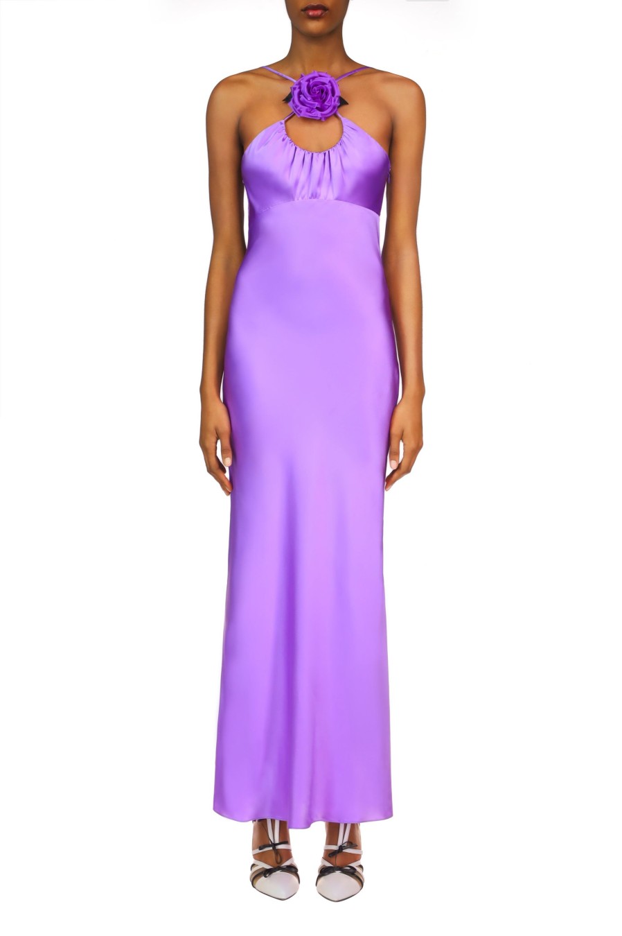 Clearance Purple Silk Satin Bias Dress With Ruched Bust And Silk Flower Detail Dresses