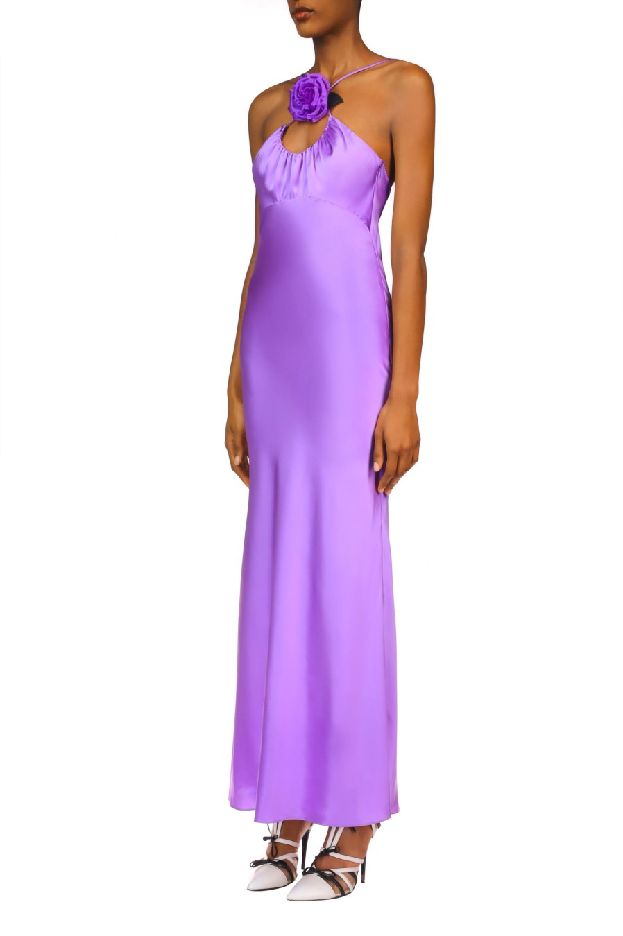 Clearance Purple Silk Satin Bias Dress With Ruched Bust And Silk Flower Detail Dresses