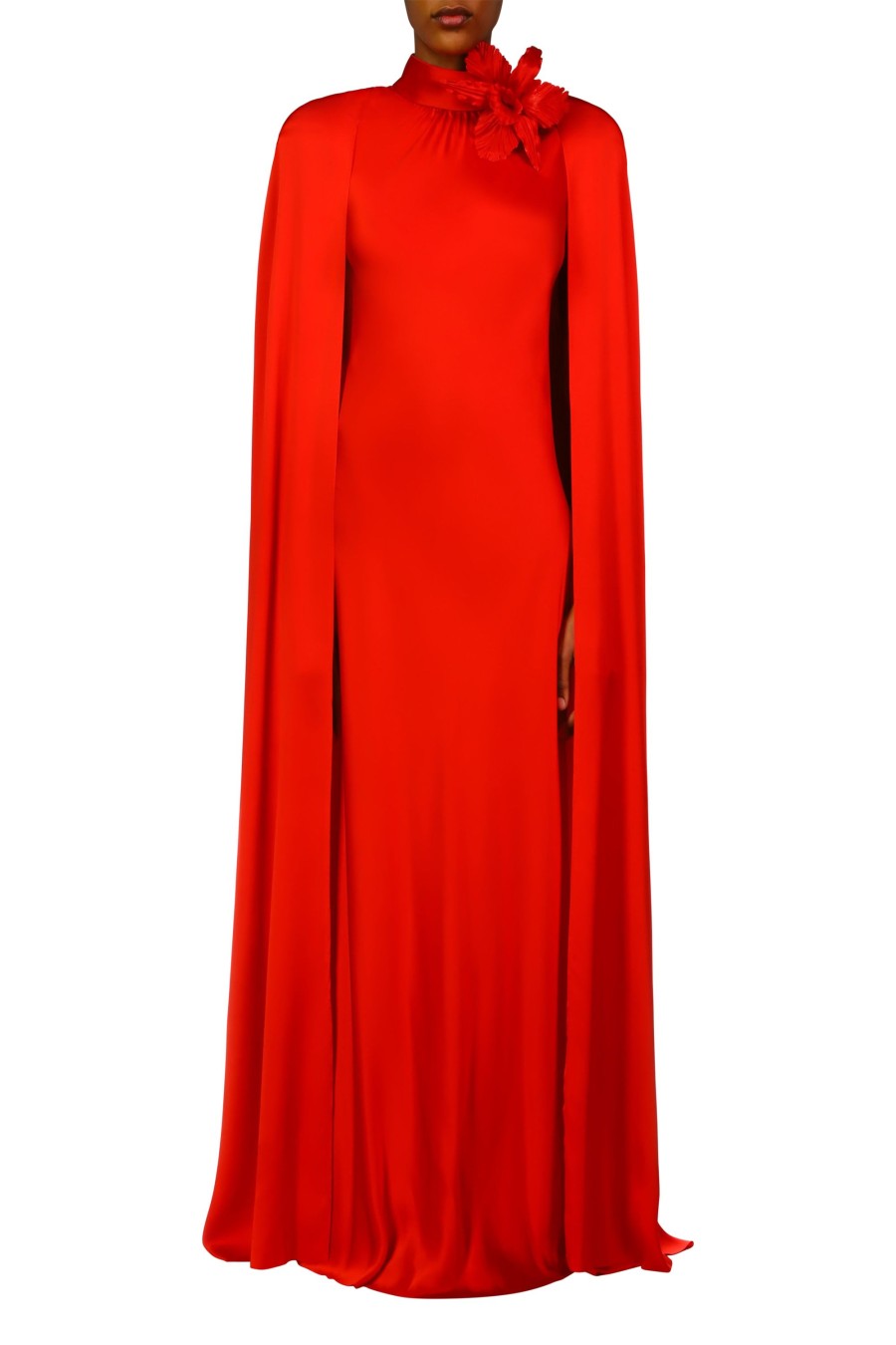 New Red Silk Satin Cape Gown With Flower Pin Dresses