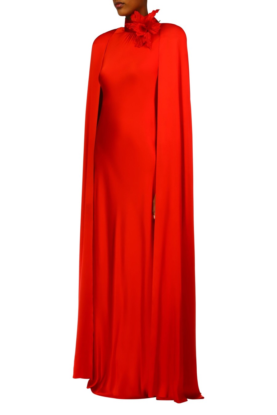 New Red Silk Satin Cape Gown With Flower Pin Dresses