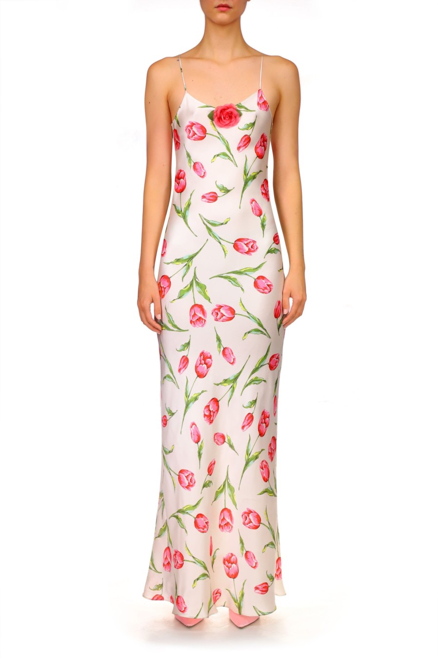 Hot Tulip Printed Silk Satin Bias Slip Dress With Silk Flower Dresses