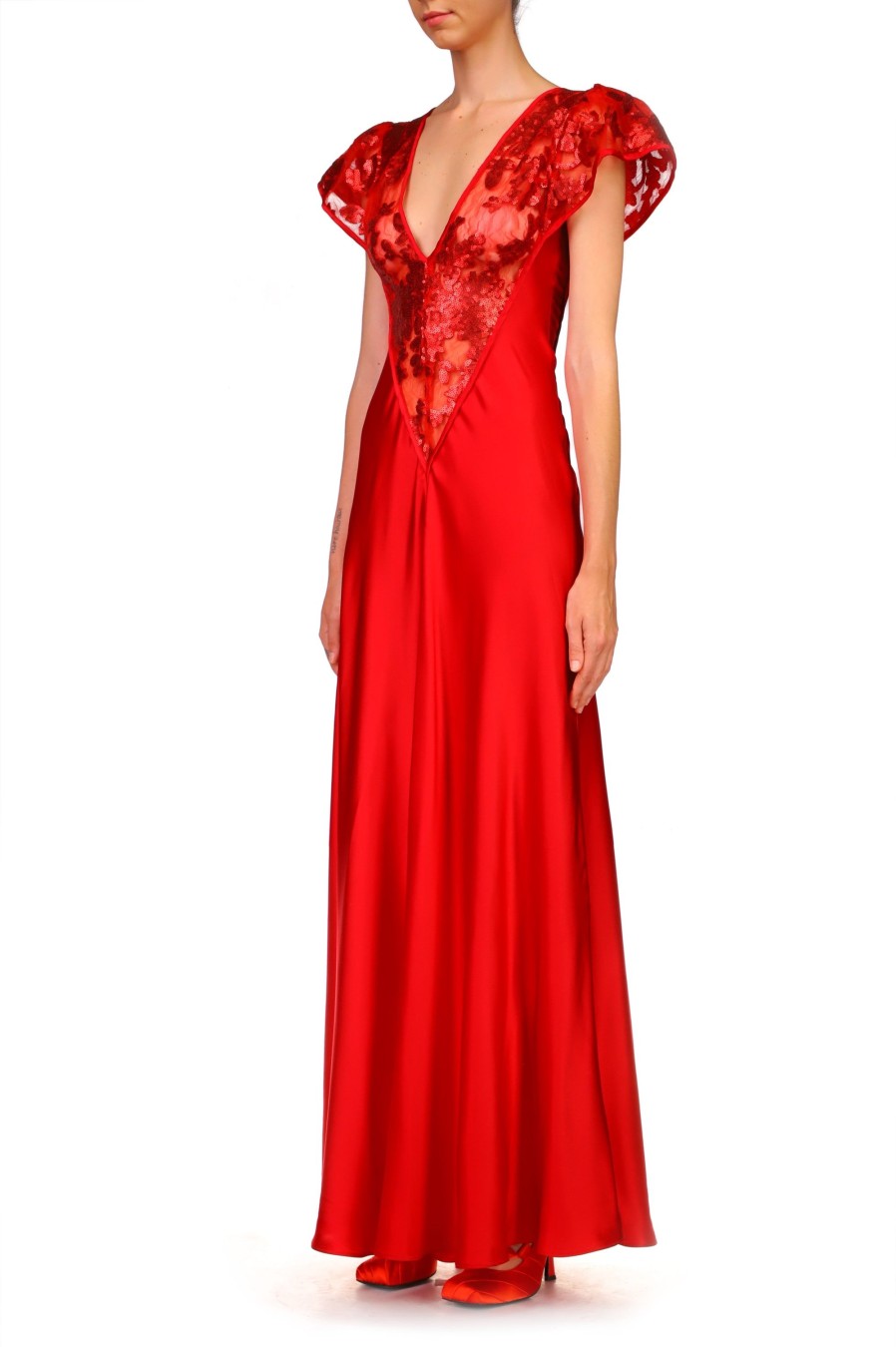 Hot Red Silk Satin Gown With Sequin Detail Dresses