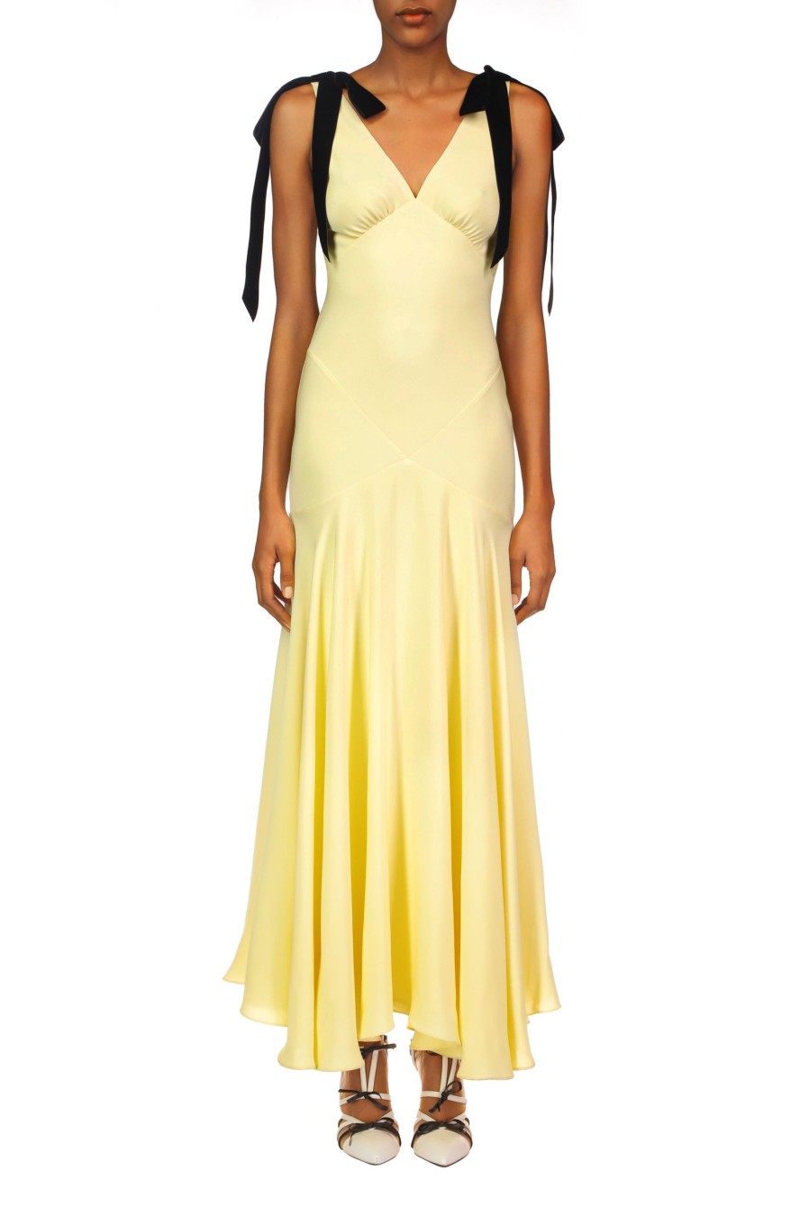 Clearance Yellow Silk Crepe Bias Dress With Black Velvet Ribbon Bow Detail Dresses