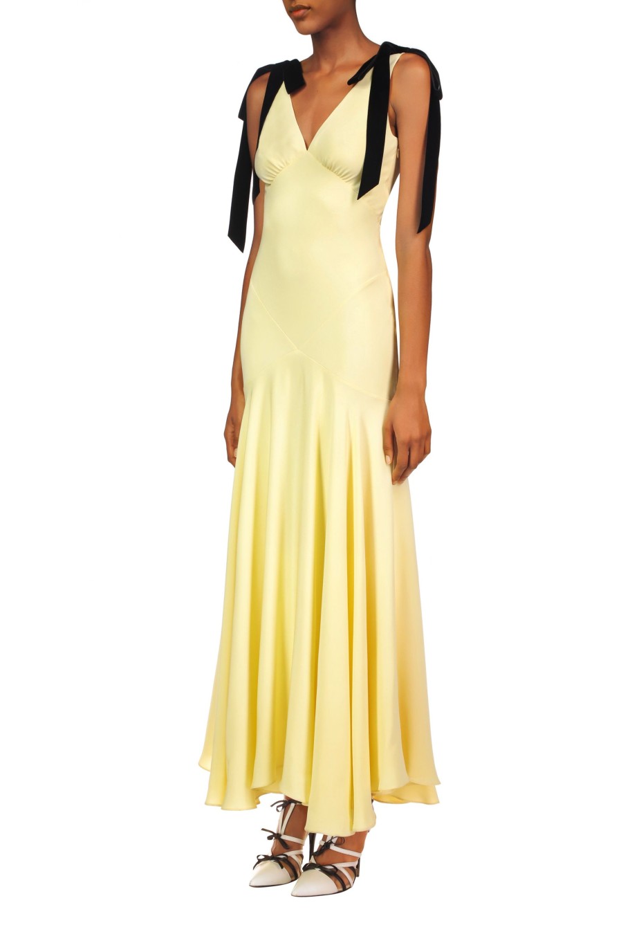 Clearance Yellow Silk Crepe Bias Dress With Black Velvet Ribbon Bow Detail Dresses